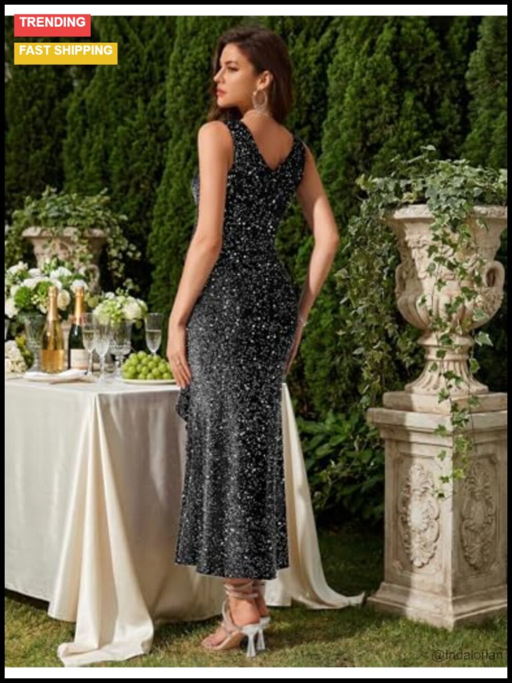 Sequin Formal Long Ruffle Dress V-Neck Backless Cocktail Gown - Picture 2 of 6